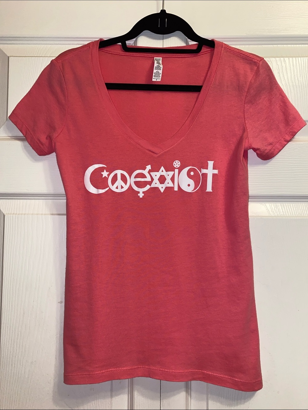Coexist V-Neck Graphic Tee - Hot Dark Pink